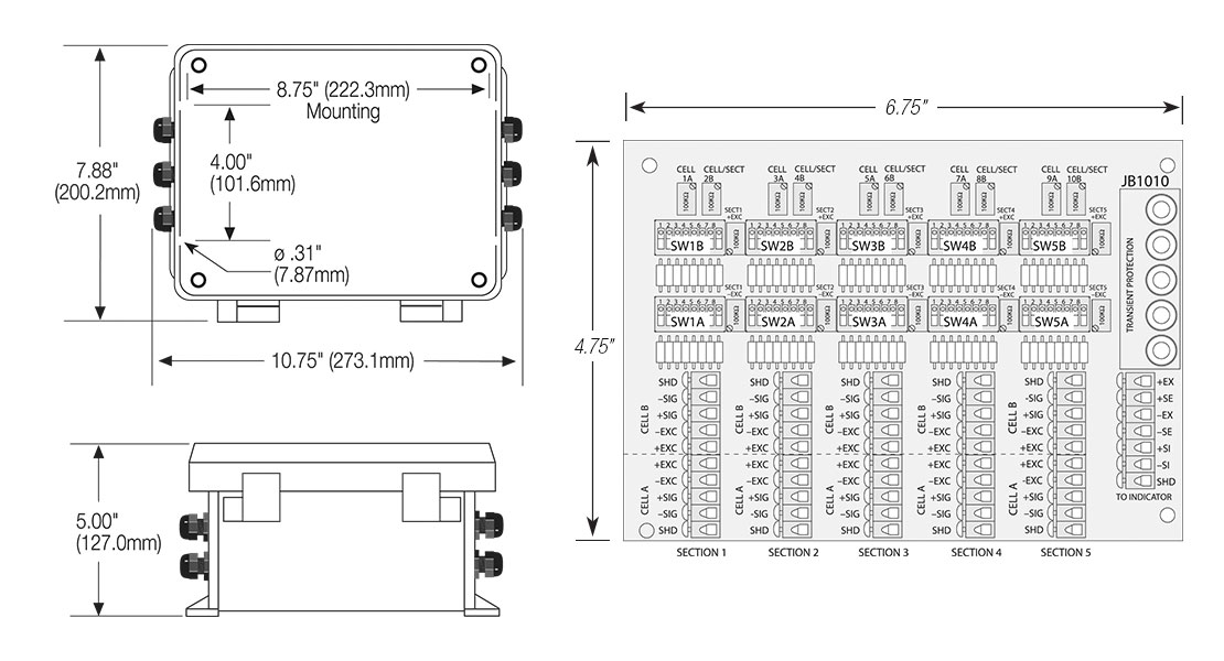 JB1010 Signal/Excitation Trim Junction Box with Transient Protection Dimensions Diagram