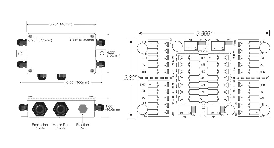 RICE LAKE JB4ES Tuffseal Excitation Trim Junction Box Dimensions