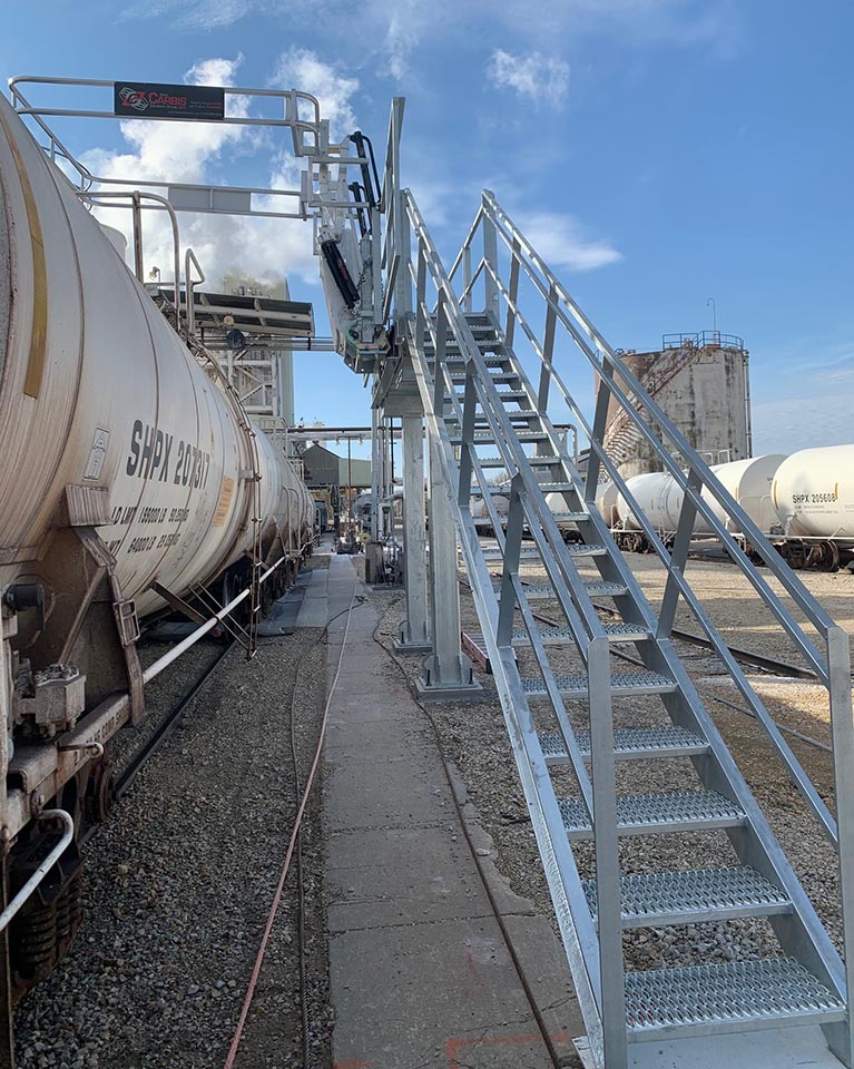 A single railcar access loading system with two cages in between railroad tracks.