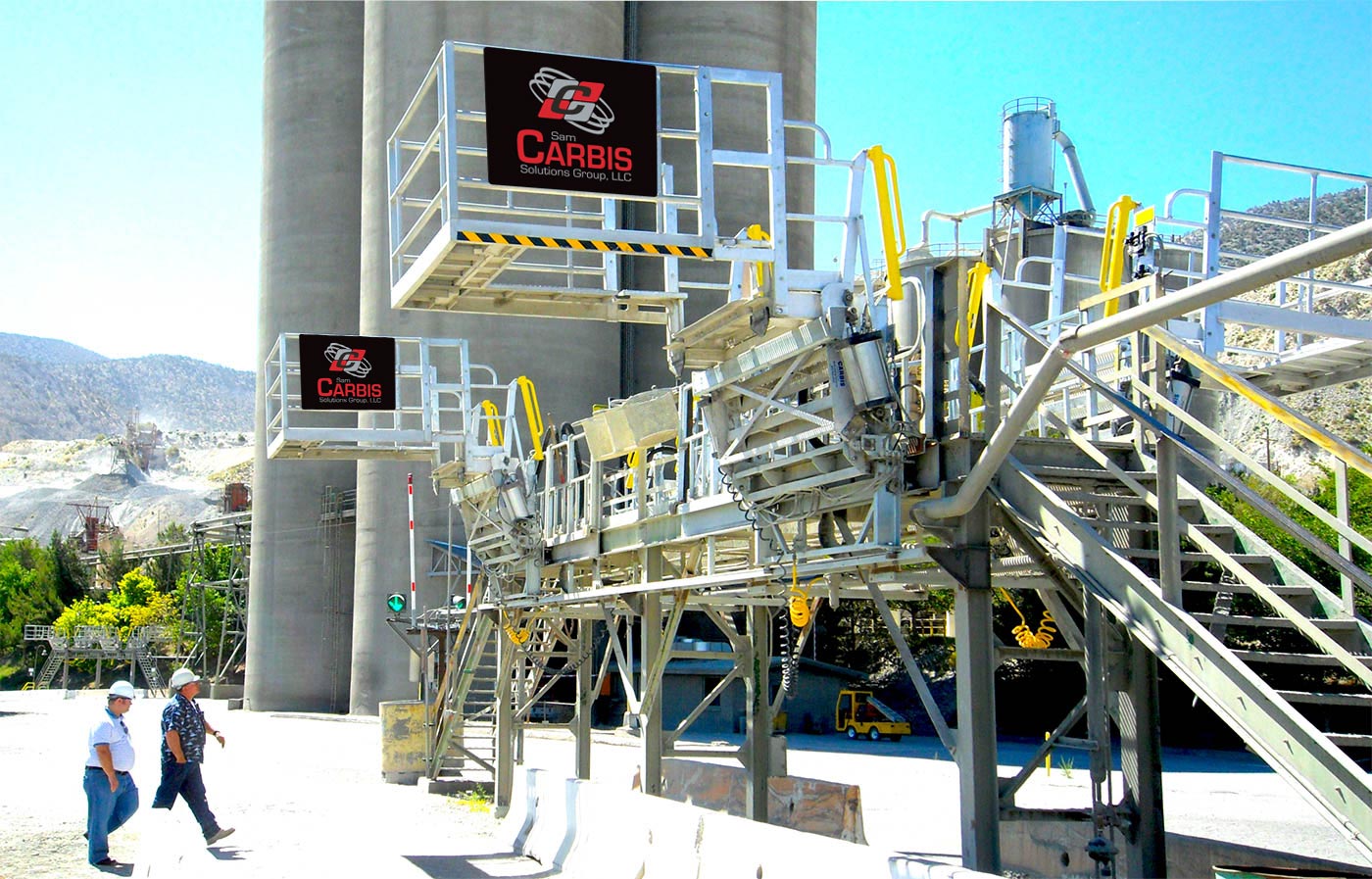 Multi-hatch truck loading system used for cement trucks.