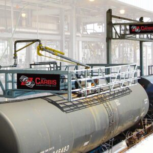 A multi-hatch railcar system. One hatch is docked on a tanker railcar to fill it up.