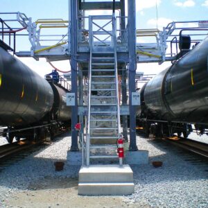 A single railcar access loading system with two cages in between two rail cars.