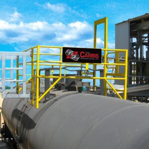 A Carbis Solutions safety cage is set upon a tanker railcar for loading and/or maintenance.