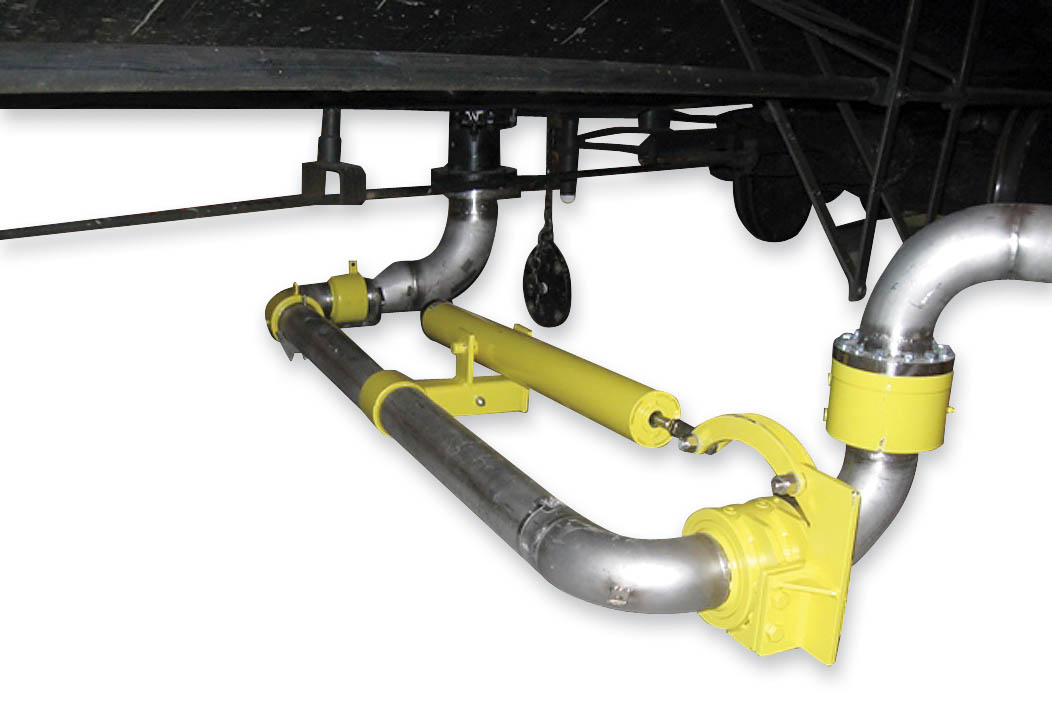 a bottom loading arm is shown under a railcar to illustrate the connections.