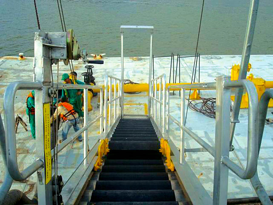 looking down a marine gangway.