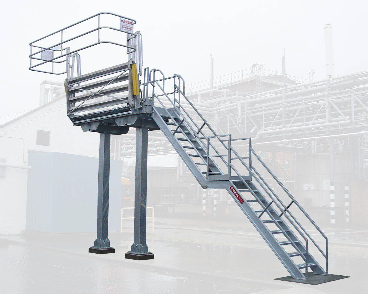 A wide gangway and stairs up to it.
