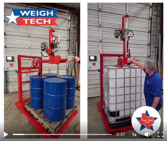 A drum filler with a pallet of drum containers and another picture of the drum filler with a box container on the drum filler pallet.