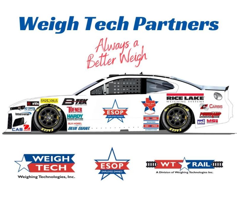 picture of a stock car with Weigh-Tech decals and Weigh-Tech's partners decals.