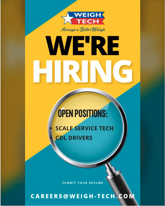 Weigh-Tech is hiring. Open positions: Scale Service Tech, CDL Drivers
