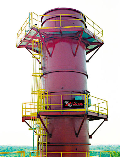 A red tower with yellow handrails and catwalks.